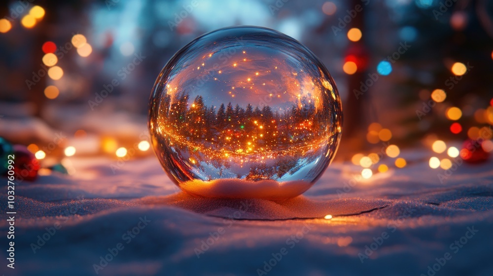 A crystal ball sits on a snowy surface surrounded by warm fairy lights reflecting the trees and lights in the background. A crystal ball sits on a snowy surface surrounded by warm fairy lights reflecting the trees and lights in the background.
