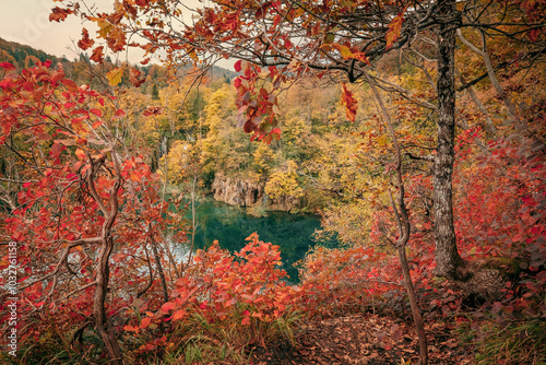Quadro su tela Amazing lake canyon in autumn Alps