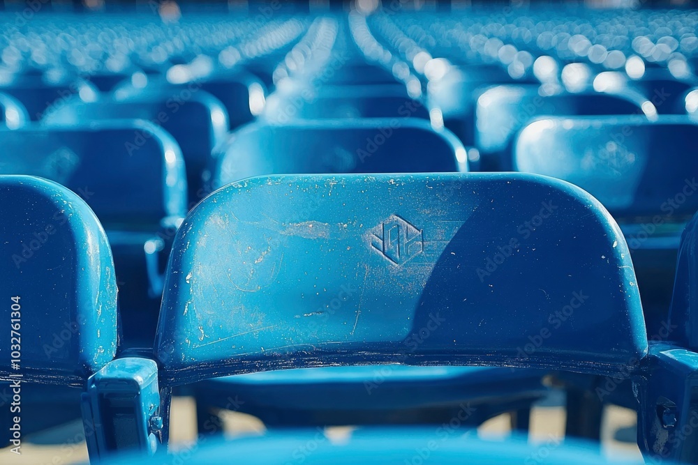 Fototapeta premium Worn Blue Plastic Stadium Seats with Logo