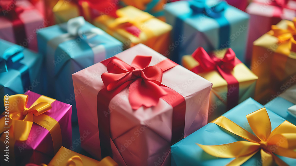 A beautiful array of colorful wrapped presents with red, yellow, and blue ribbons. Perfect for a birthday, holiday, or any special occasion. A beautiful array of colorful wrapped presents with red, yellow, and blue ribbons. Perfect for a birthday, holiday, or any special occasion.