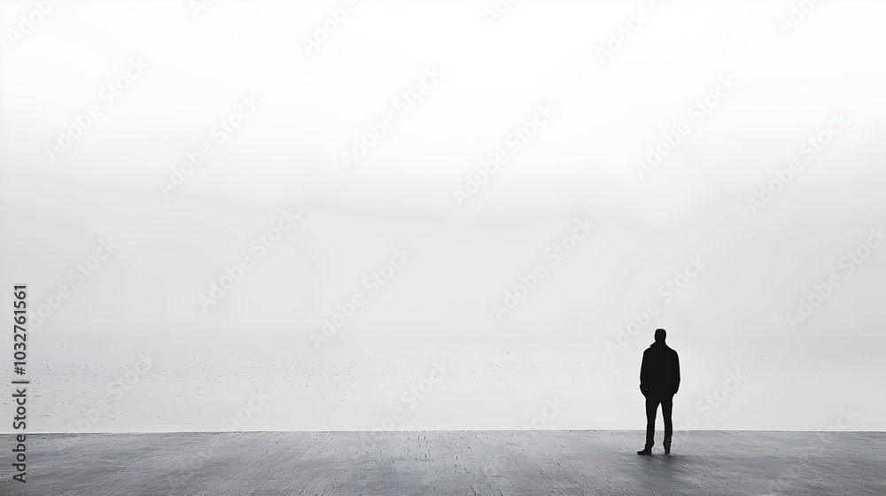 A lone man stands on a platform, looking out at a misty, gray landscape. A lone man stands on a platform, looking out at a misty, gray landscape.