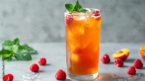 A refreshing glass of iced tea with raspberries and peaches. The perfect drink for a hot summer day. photo