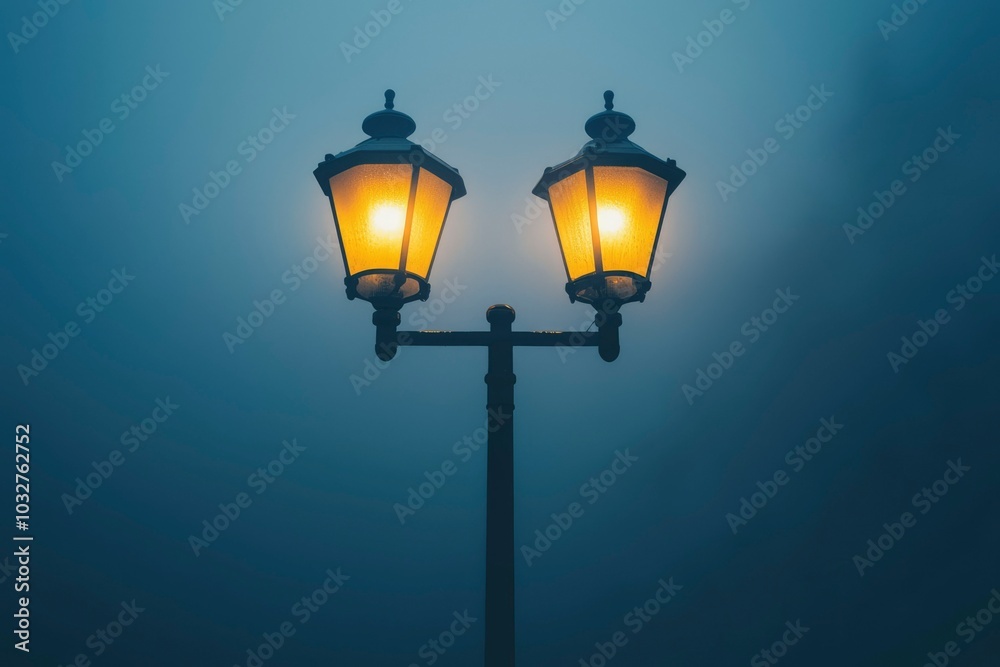 A lone street lamp illuminates a foggy night sky. A lone street lamp illuminates a foggy night sky.