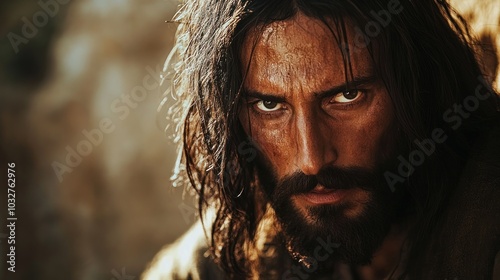 A close-up of a rugged man with long hair and intense expression, evoking a dramatic mood.