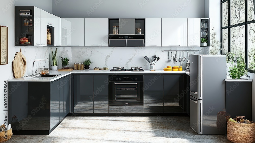 Fototapeta premium Modern kitchen with sleek black cabinets, white countertops, and stainless steel appliances.