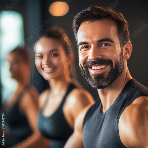 Smiling people work out with a trainer in a gym.