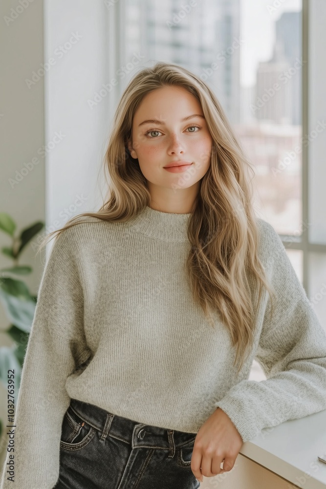 Naklejka premium woman wearing soft cosy sweater, modern office in the background