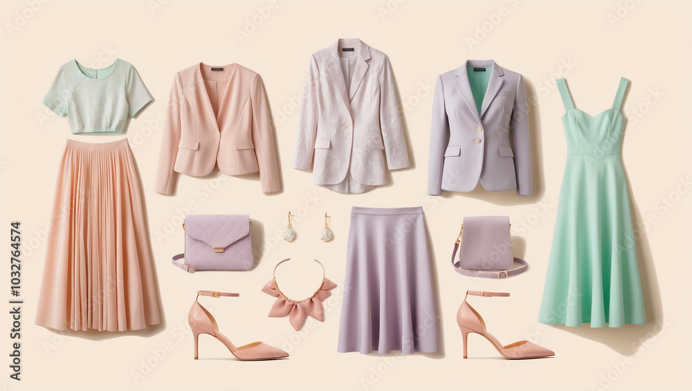 collage of fashionable and stylish spring clothes skirt, jacket collage of fashionable and stylish spring clothes skirt, jacket