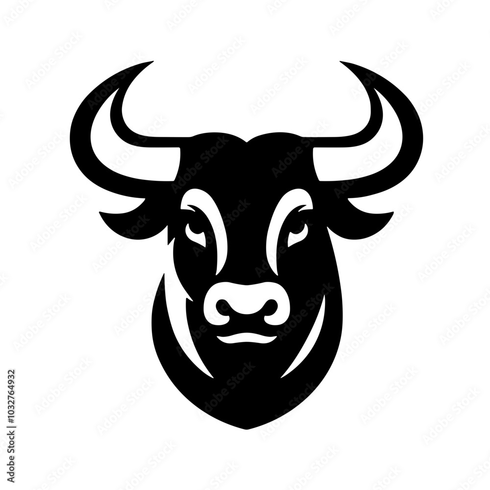 Bull's head illustration in black and white, strength symbol concept