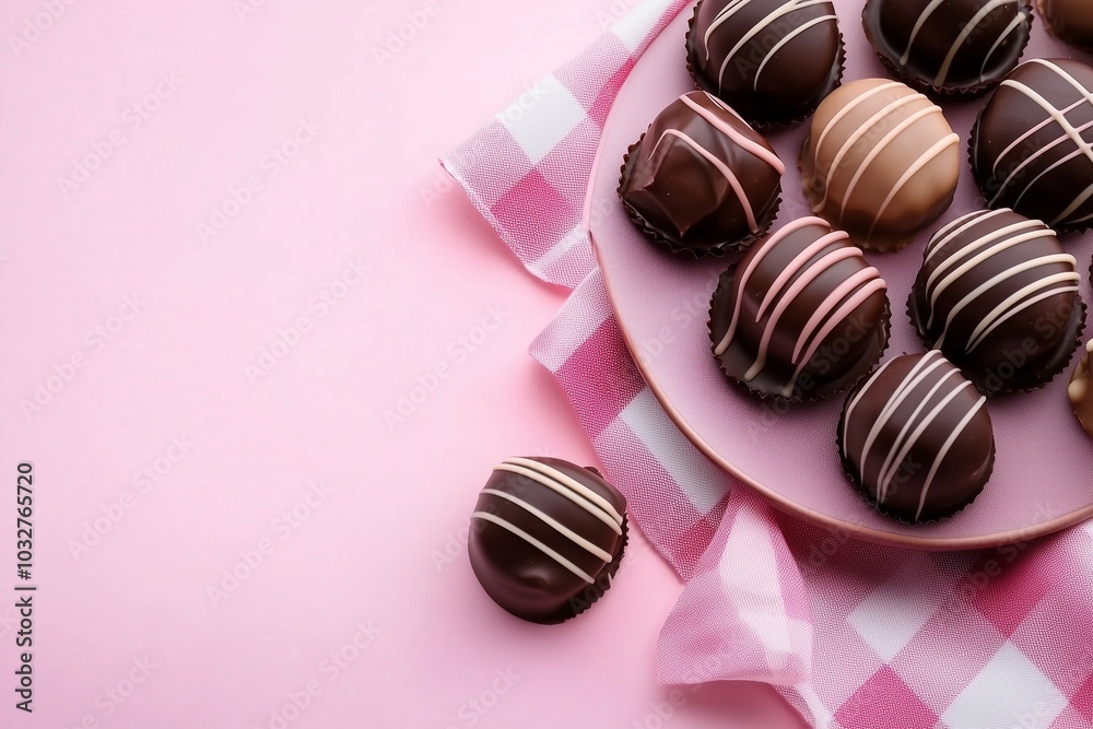 A pink background with a checkered pattern and chocolate balls on the right side A pink background with a checkered pattern and chocolate balls on the right side