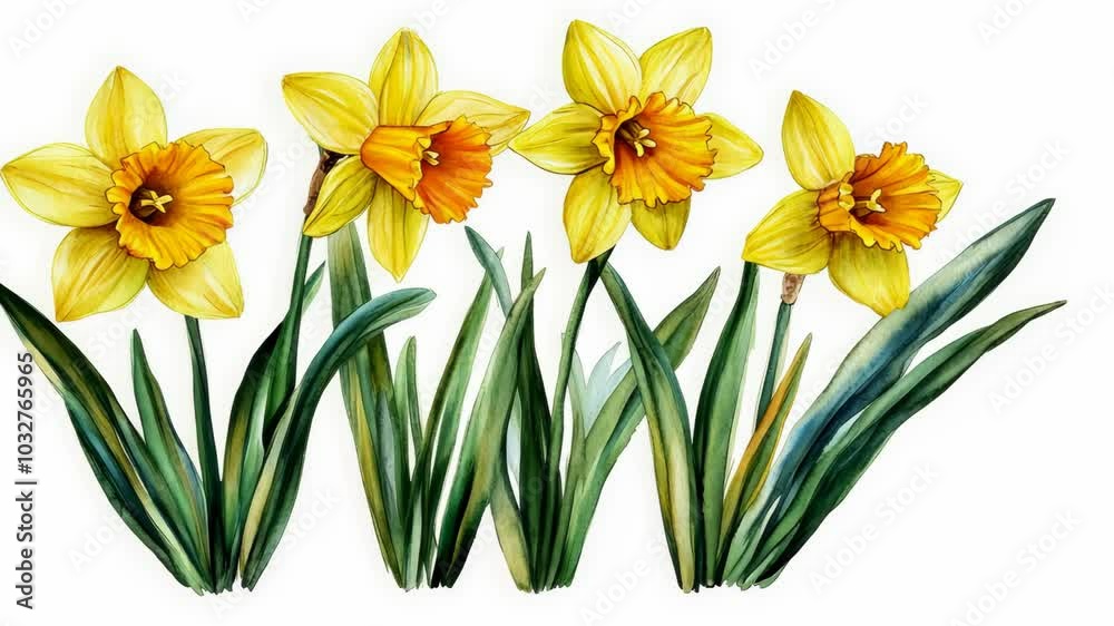 Four yellow daffodils bloom with green leaves in a watercolor painting