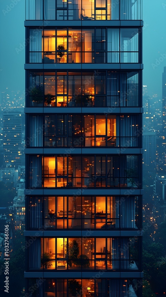 A tall, modern building with glowing windows at night, creating a warm contrast against the dark cityscape. A tall, modern building with glowing windows at night, creating a warm contrast against the dark cityscape.