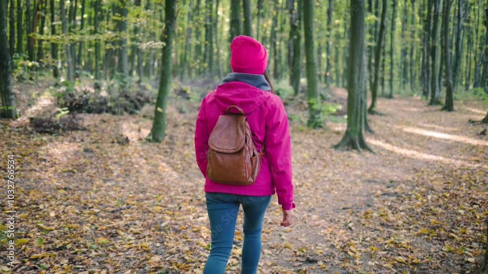 Attractive young woman in a pink jacket, jeans and brown backpack walking through an autumn forest, turns and smiles at camera, slow motion Attractive young woman in a pink jacket, jeans and brown backpack walking through an autumn forest, turns and smiles at camera, slow motion
