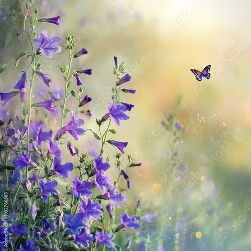 Purple Lobelia and butterflies in greenery