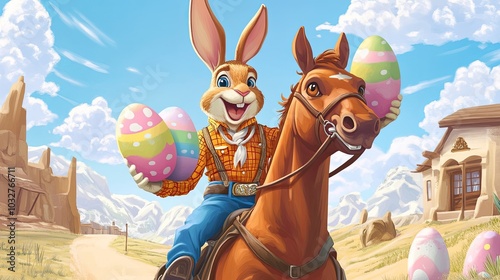 A joyful rabbit in a cowboy outfit rides a horse, joyfully holding colorful Easter eggs in a vibrant setting