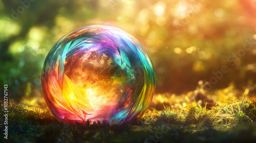 A Captivating Rainbow Orb Infused with Biomorphic Patterns Radiating Tranquility in Nature photo