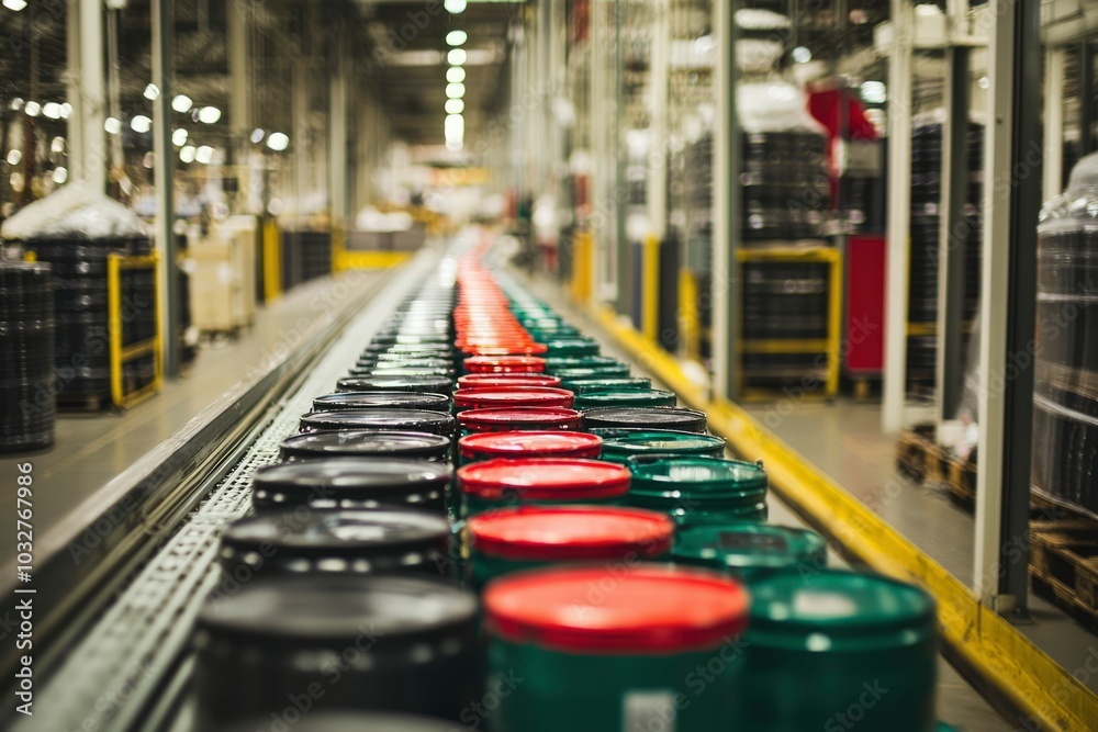 A Conveyor Belt of Black, Red, and Green Paint Cans in a Factory A Conveyor Belt of Black, Red, and Green Paint Cans in a Factory