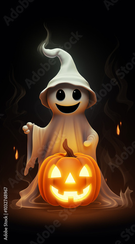Halloween goast and pumpkin.