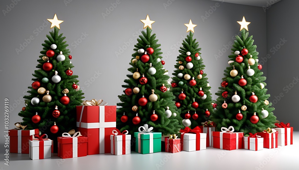 large christmas trees often decorated gift boxes festive design incorporating text generated artificial intelligence technology