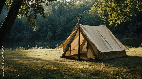 Wallpaper Mural an empty outdoor canvas tent in a scenic campsite, representing adventure, nature, and simplicity Torontodigital.ca