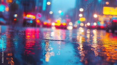 A vibrant, rainy city scene reflecting colorful lights on wet pavement.