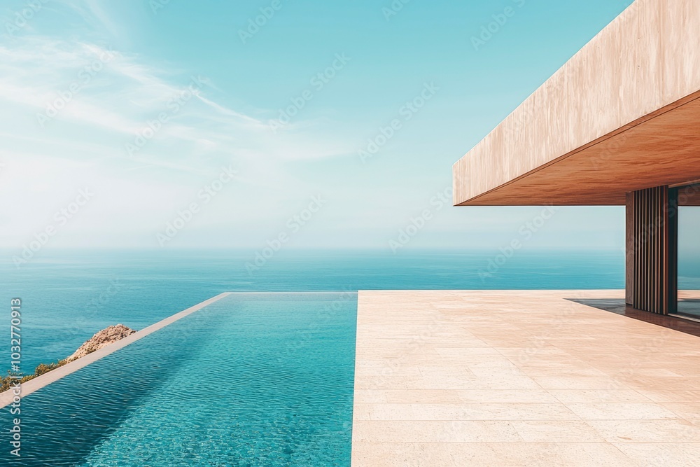 Obraz premium Modern Architectural Structure Overlooking the Ocean with a Pool