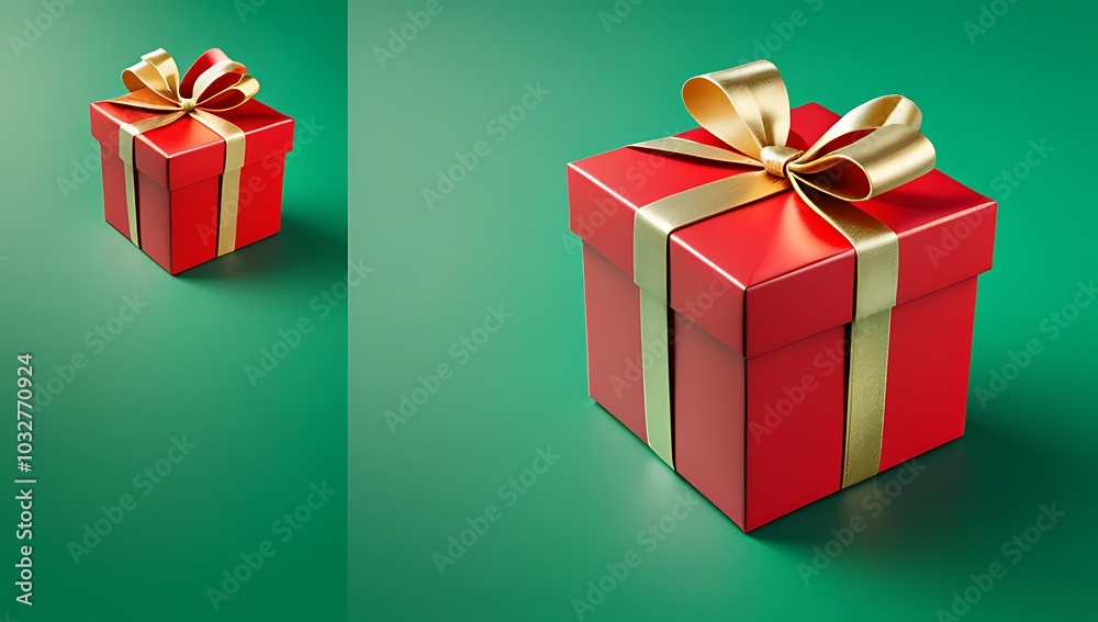 Obraz premium red gift box golden ribbon green background render style ready clipping path inclusion