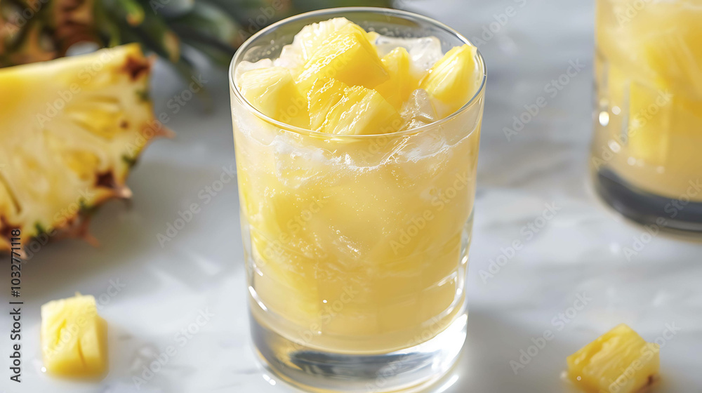Refreshing pineapple drink in a glass with pineapple chunks. Pineapple slices on the table. Refreshing pineapple drink in a glass with pineapple chunks. Pineapple slices on the table.