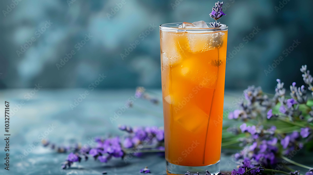 Refreshing summer drink with lavender. A tall glass of iced tea or lemonade with lavender flowers and ice cubes. Refreshing summer drink with lavender. A tall glass of iced tea or lemonade with lavender flowers and ice cubes.