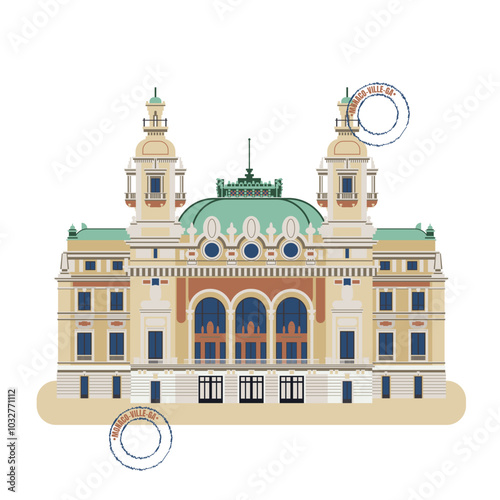 Classical building in Monte Carlo, luxury and aesthetics, happiness and disappointment, a game as life and a way to have fun, this is Monaco. Vector. Flat