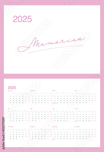 Minimalistic calendar grid for 2025 in English. The week starts on Sunday