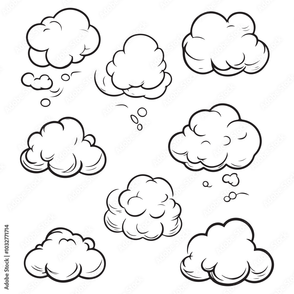 Set of speech bubbles, Clouds sketches. Vector illustration isolated on white background, Comic Speech Bubbles Set of speech bubbles, Clouds sketches. Vector illustration isolated on white background, Comic Speech Bubbles