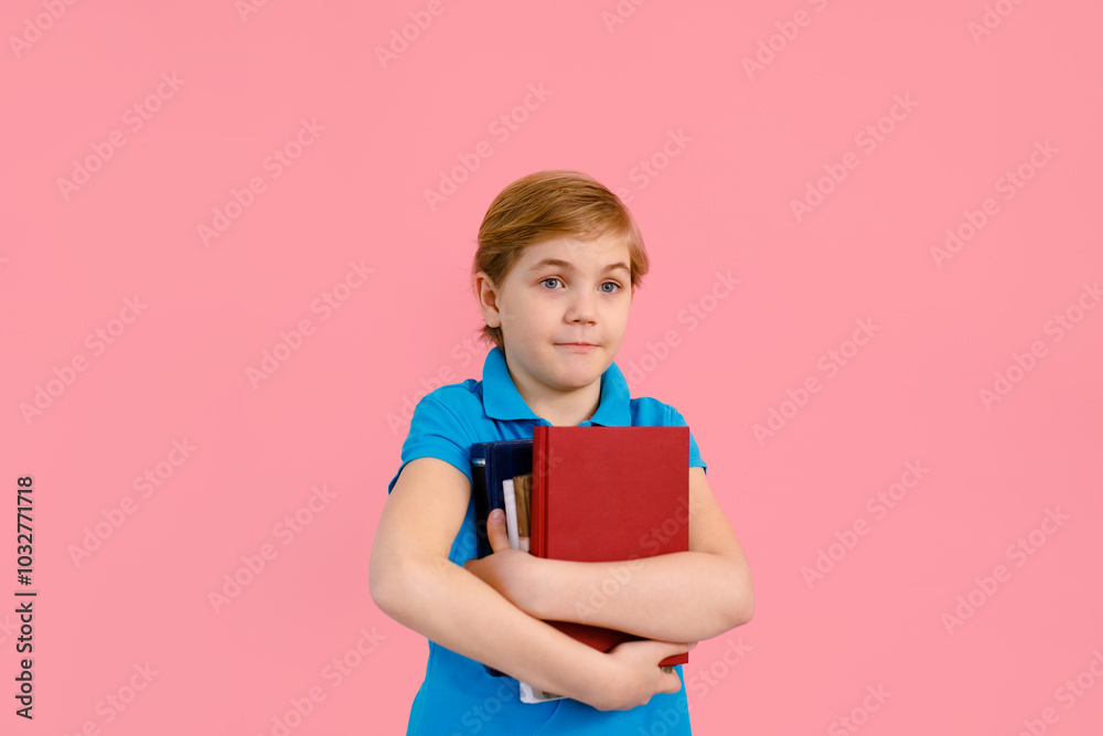 Blonde boy in t-shirt reading a book thirsty for knowledge on pink background. Blonde boy in t-shirt reading a book thirsty for knowledge on pink background.