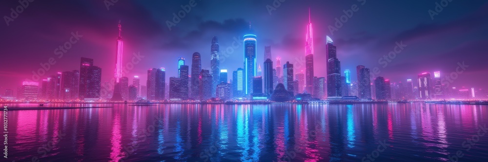 Obraz premium A stunning panoramic view of a vibrant, futuristic city skyline illuminated in neon colors, reflecting beautifully on calm waters. Ideal for technology and urban lifestyle themes.