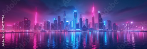 A stunning panoramic view of a vibrant, futuristic city skyline illuminated in neon colors, reflecting beautifully on calm waters. Ideal for technology and urban lifestyle themes.