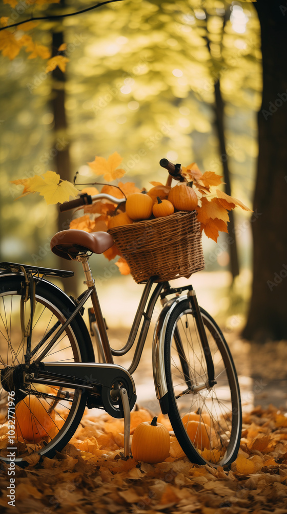 Fototapeta premium Bicycles in the street with pumpkins.
