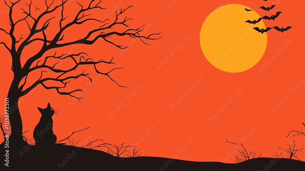 black cat sits beneath a bare tree, with bats flying against an orange sunset. Halloween concept black cat sits beneath a bare tree, with bats flying against an orange sunset. Halloween concept