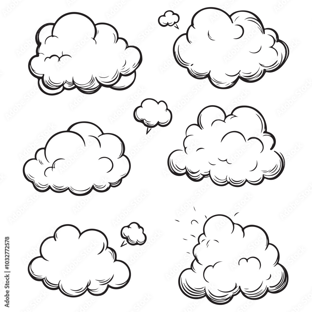 Set of speech bubbles, Clouds sketches. Vector illustration isolated on white background, Comic Speech Bubbles Set of speech bubbles, Clouds sketches. Vector illustration isolated on white background, Comic Speech Bubbles