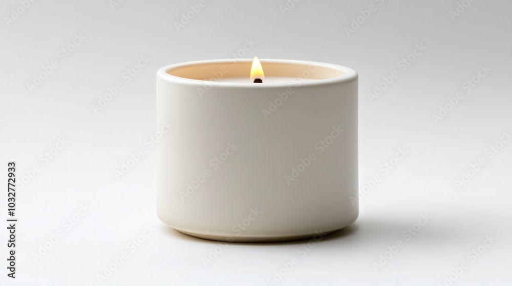 A white candle with a single wick is burning brightly against a white background. A white candle with a single wick is burning brightly against a white background.