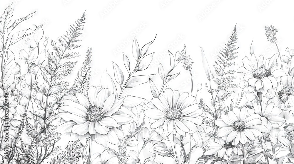Black-and-white sketch of a meadow filled with daisies and other flowers, featuring elongated stems and foliage in the foreground Black-and-white sketch of a meadow filled with daisies and other flowers, featuring elongated stems and foliage in the foreground