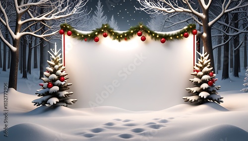 snowy winter scene features banner festive decorations including fir branches christmas lights blank background photo