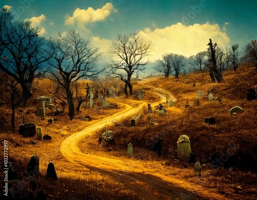 A winding road through an ancient graveyard, flanked by sparce withering trees that stand throughout the tombstones. photo