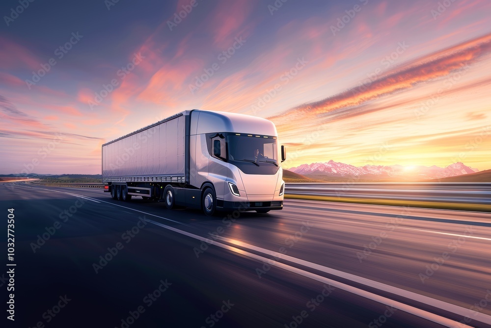 Technology Digital Future of Cargo Container Logistics Transport Concept, Container Freight Truck, Modern futuristic Import Export Transportation Background. Front view, summer morning or evening Technology Digital Future of Cargo Container Logistics Transport Concept, Container Freight Truck, Modern futuristic Import Export Transportation Background. Front view, summer morning or evening