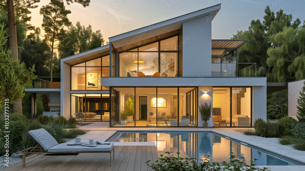 Fototapeta premium Modern luxury house with pool at sunset
