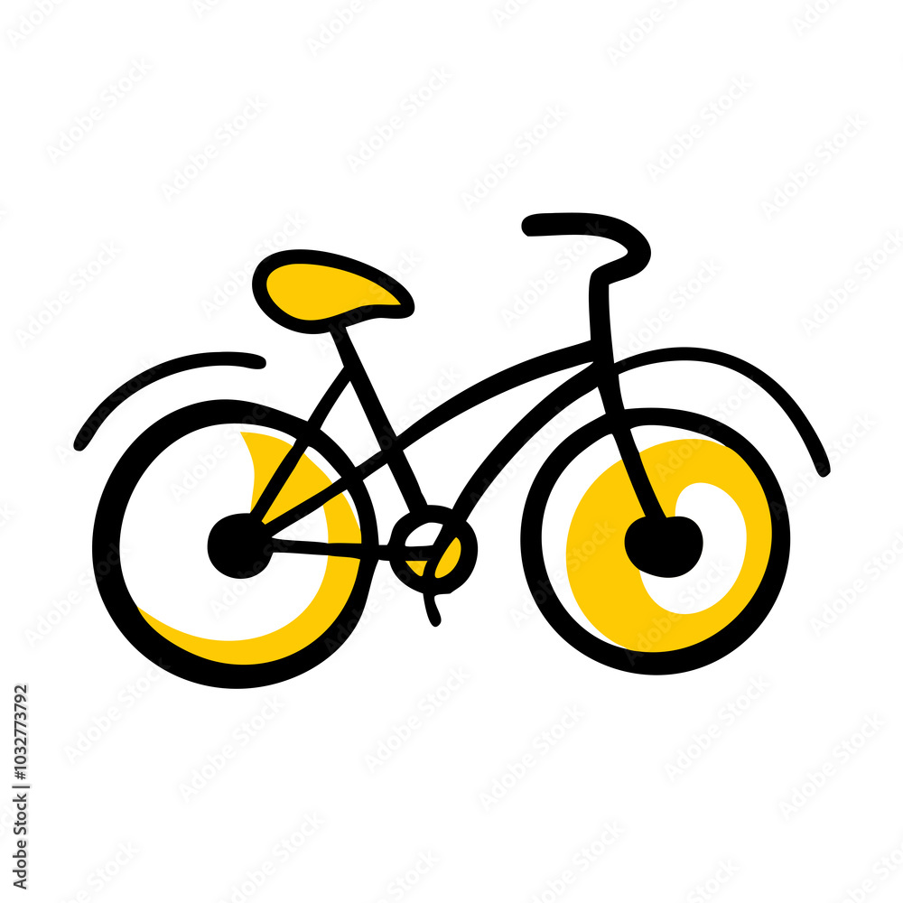 A simple, stylized black bicycle is depicted with bright yellow wheels and seat A simple, stylized black bicycle is depicted with bright yellow wheels and seat