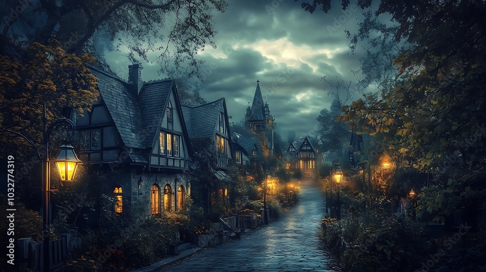 Obraz premium A peaceful seaside village at dusk, with cottages lining a narrow street, lanterns glowing softly, and the sound of waves in the distance