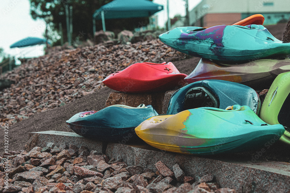 colorful kayaks grouped together