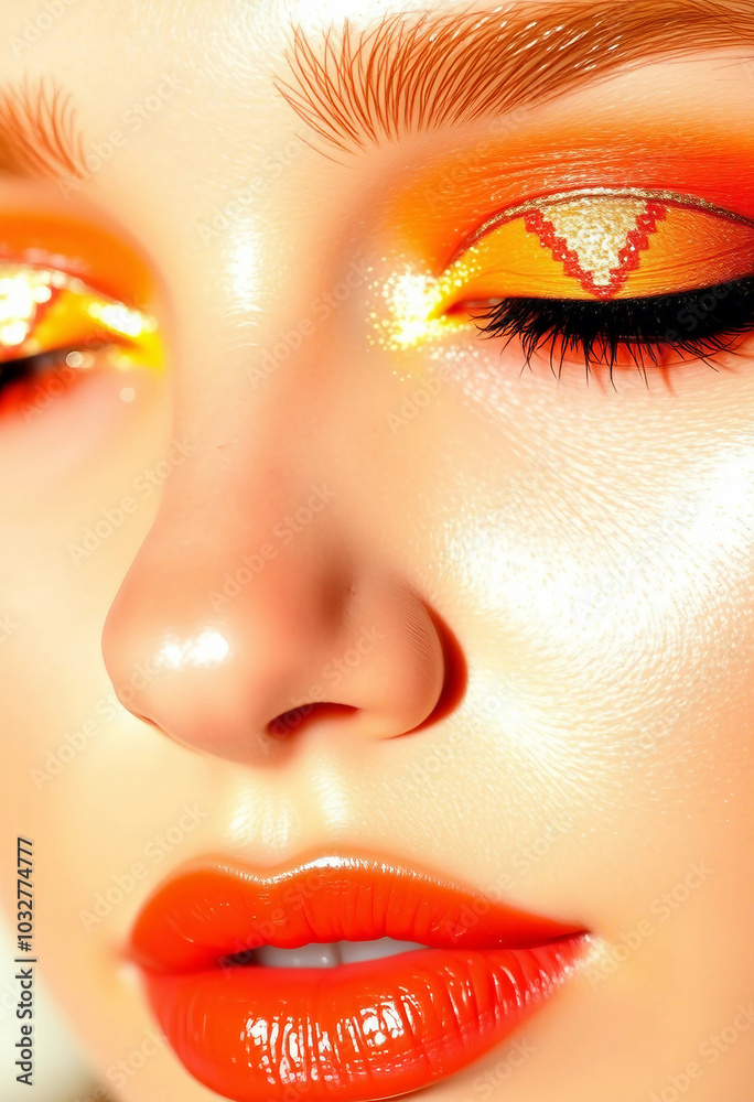 Obraz premium A striking close-up photo of a model with vivid orange eye makeup. The vibrant colors and flawless blending highlight artistic makeup skills, emphasizing the model's eye and lip features.