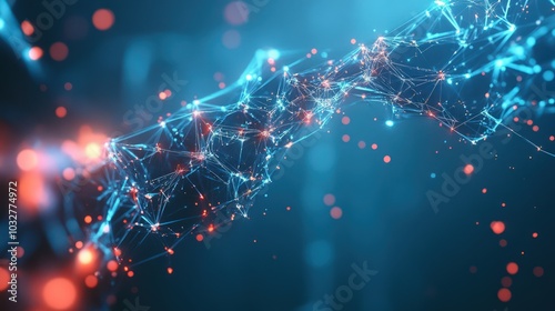 Complex robotic mesh with sharp edges and glowing digital pathways