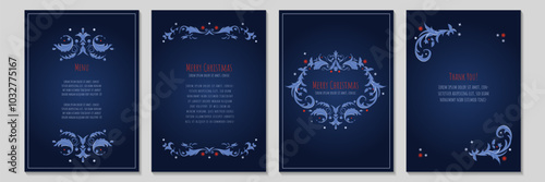 Set of Christmas and New Year greeting card. Blue background with traditional book ornaments. Holiday design for greeting card, invitation, cover, calendar, social media posts, menu.